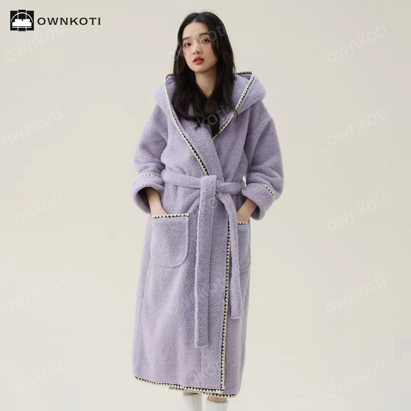 Warm Fleece Hooded Long Bathrobe