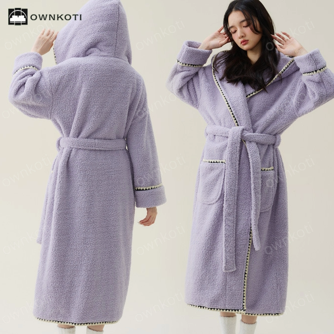 Warm Fleece Hooded Long Bathrobe