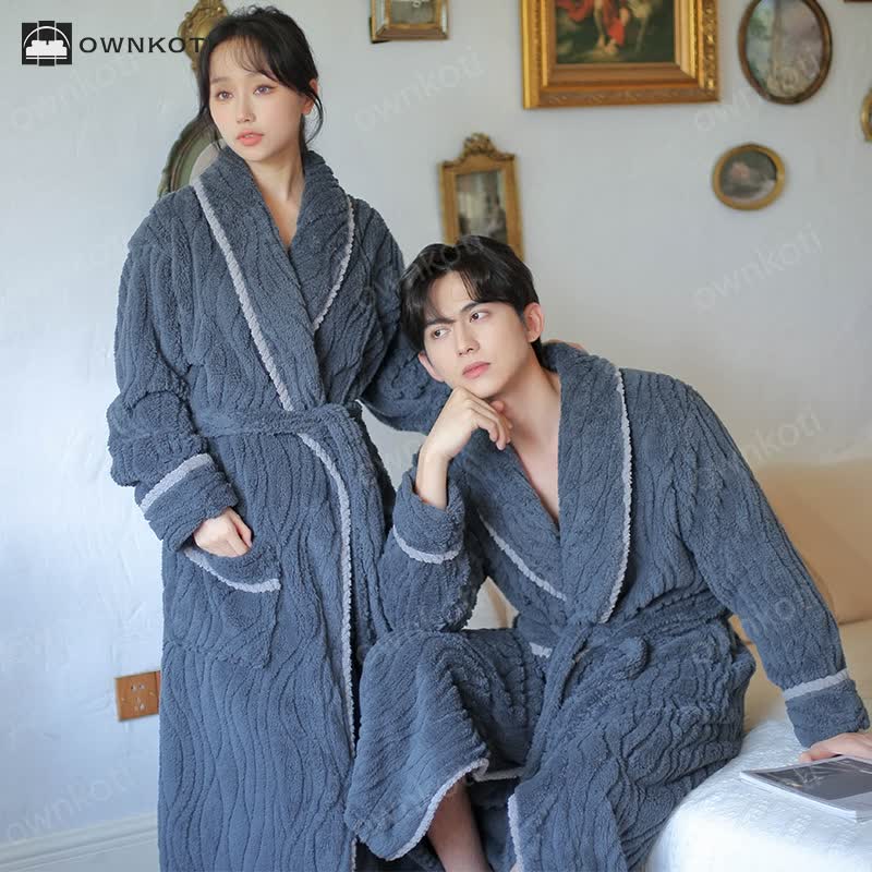 Simple Winter Fleece Couple Long Bathrobe