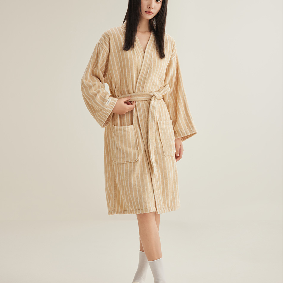 Pure Cotton Simple Striped Soft Bathrobe - Light Coffee - XL - image 6