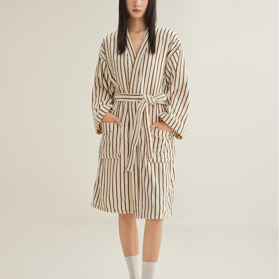 Pure Cotton Simple Striped Soft Bathrobe - White & Brown - XL - image 7