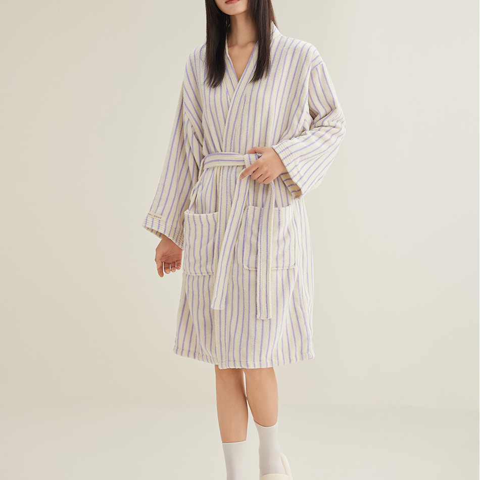 Pure Cotton Simple Striped Soft Bathrobe - White & Purple - XL - image 9