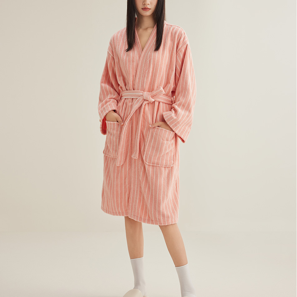 Pure Cotton Simple Striped Soft Bathrobe - Peachy Pink - XL - image 8