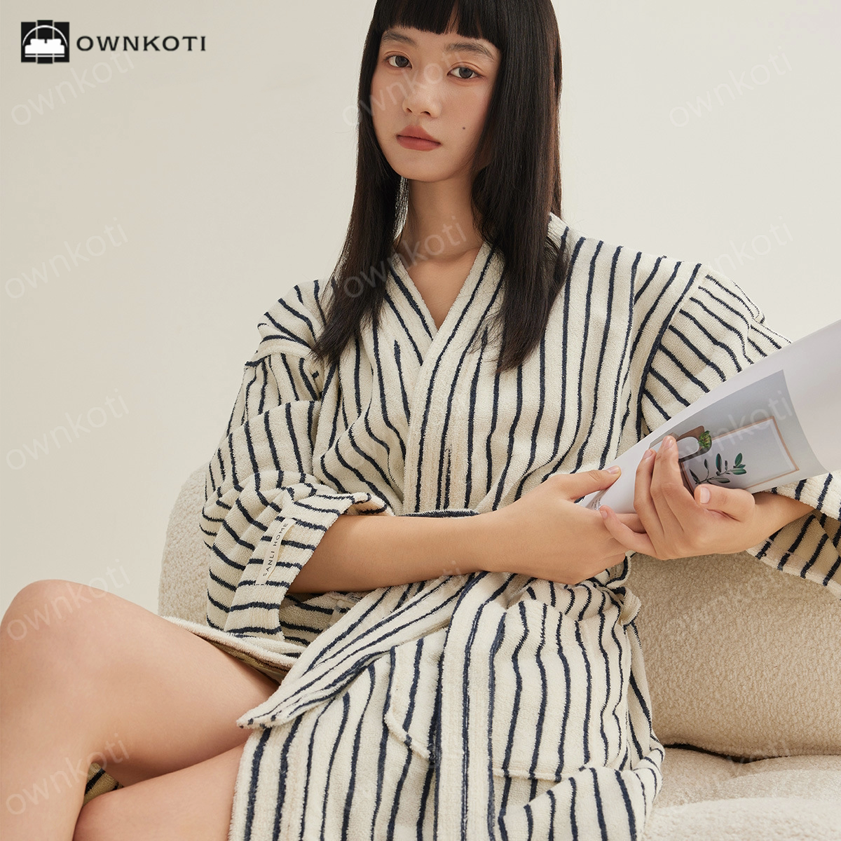 Pure Cotton Simple Striped Soft Bathrobe