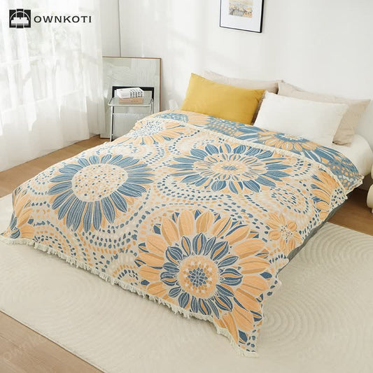 Blooming Sunflower Cotton Gauze Tassel Quilt