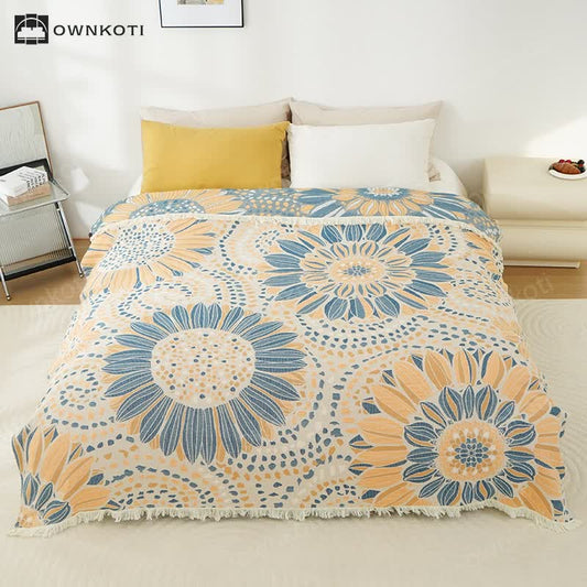 Blooming Sunflower Cotton Gauze Tassel Quilt