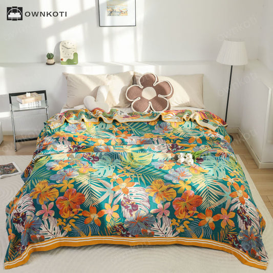 Vibrant Flower Leaf Cotton Gauze Quilt