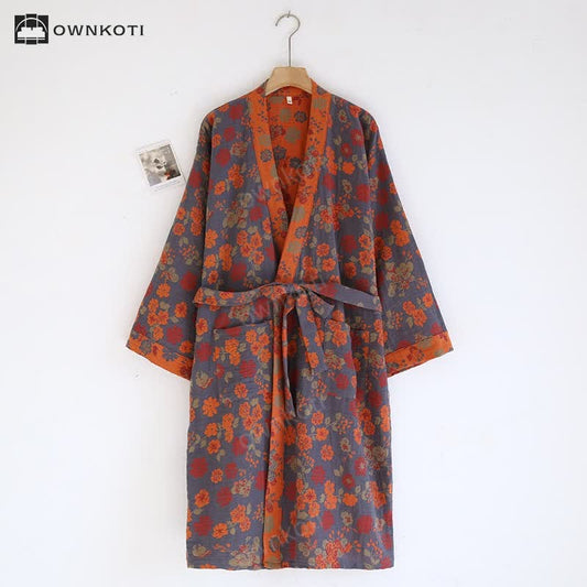 Jacquard Floral Kimono Cotton Gauze Bathrobe