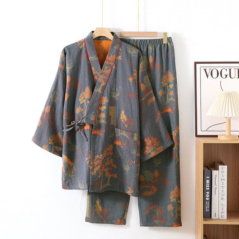 Ownkoti Neutral Landscape Kimono Cotton Pajama Set - Gray Blue - XL - image 4