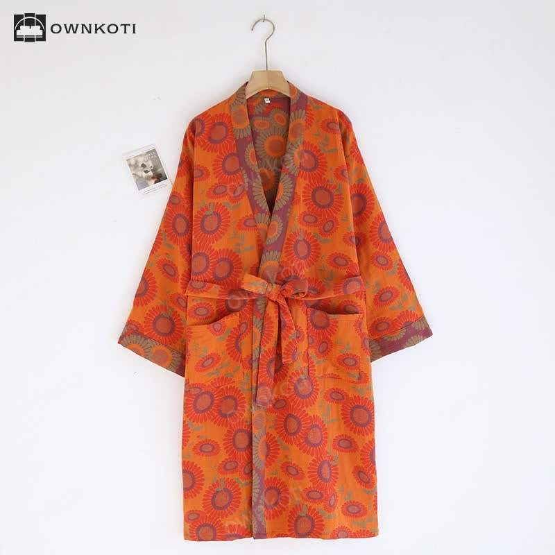 Double Layer Cotton Gauze Jacquard Floral Bathrobe