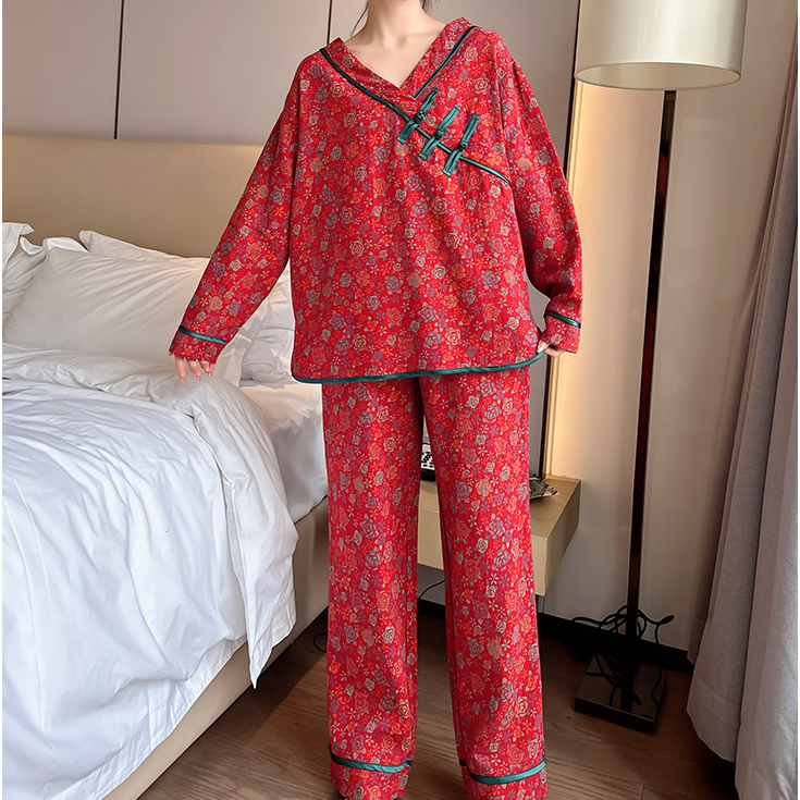 Ownkoti Plus Size Frog Button Rose Cotton Pajama Set - image 2