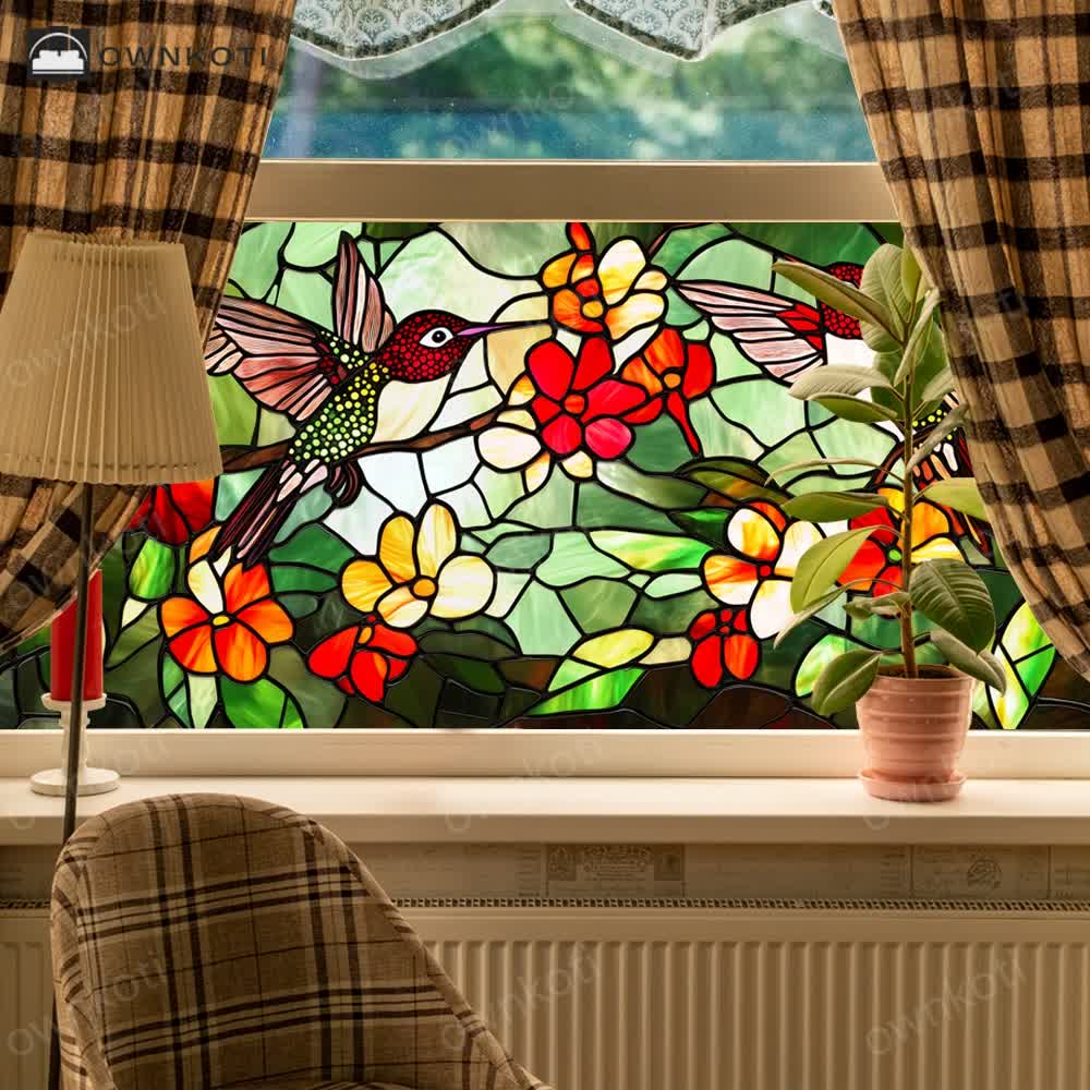 Floral Bird Static Stained Glass Window Cling