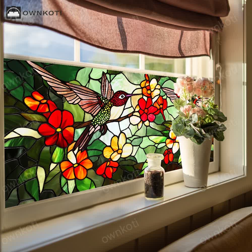 Floral Bird Static Stained Glass Window Cling