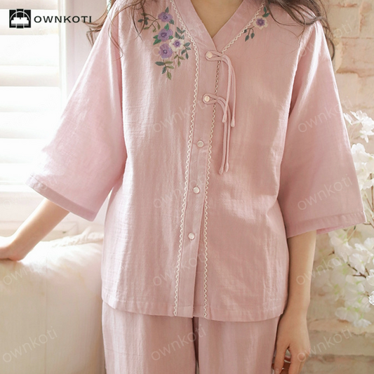 Cotton Gauze Embroidered Floral Gauze Pajama Set