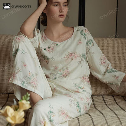 Pastoral Bamboo Fiber Round-neck Pajama Set