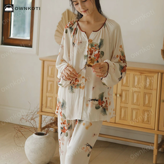 Satin Rural Soft Cardigan Pajama Set