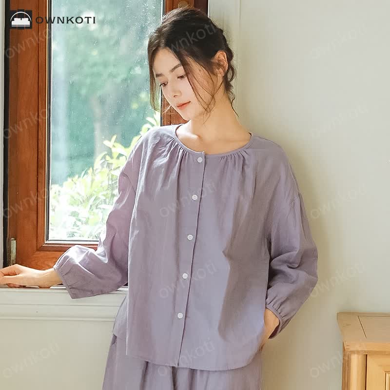 Solid Color Round Neckline Cotton Gauze Nightwear