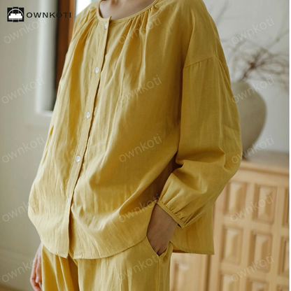 Solid Color Round Neckline Cotton Gauze Nightwear