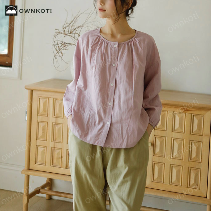 Solid Color Round Neckline Cotton Gauze Nightwear