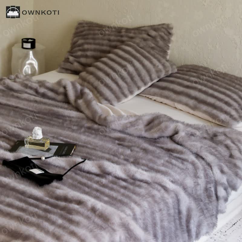 Modern Striped Faux Fur Throw Blanket