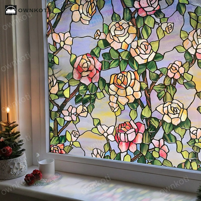 Stained Rose Removable Static Window Privacy Film