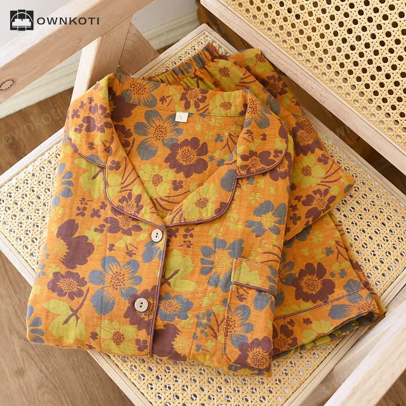 Lapel Neckline Floral Cotton Pajama Set