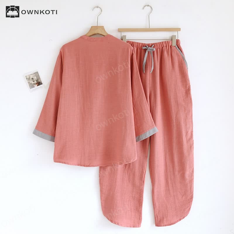 Colorblock Double Layer Cotton Gauze Pajama Set