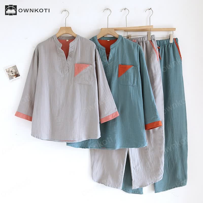 Colorblock Double Layer Cotton Gauze Pajama Set