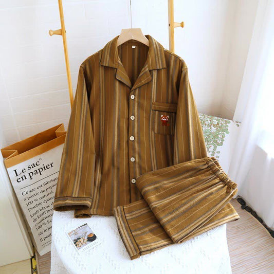 Brushed Cotton Striped Pajama Set - Coffee - Men L - image 0