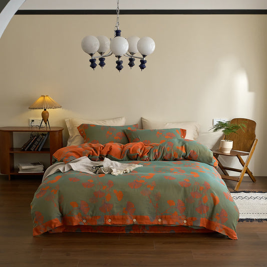 Button Ginkgo Leaf Cotton Gauze Bedding Set (4PCS) - Green & Orange - King - image 1