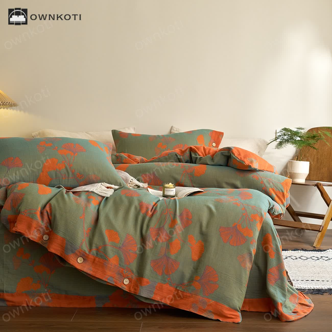 Button Ginkgo Leaf Cotton Gauze Bedding Set (4PCS)