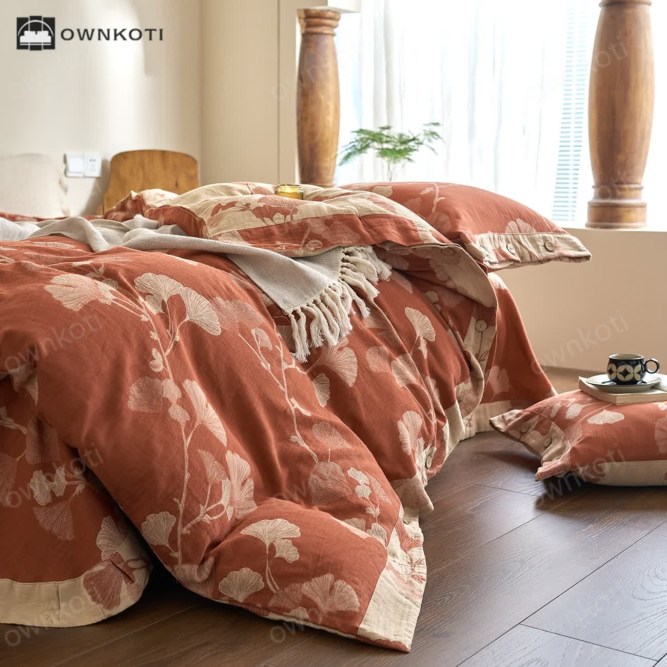 Button Ginkgo Leaf Cotton Gauze Bedding Set (4PCS)