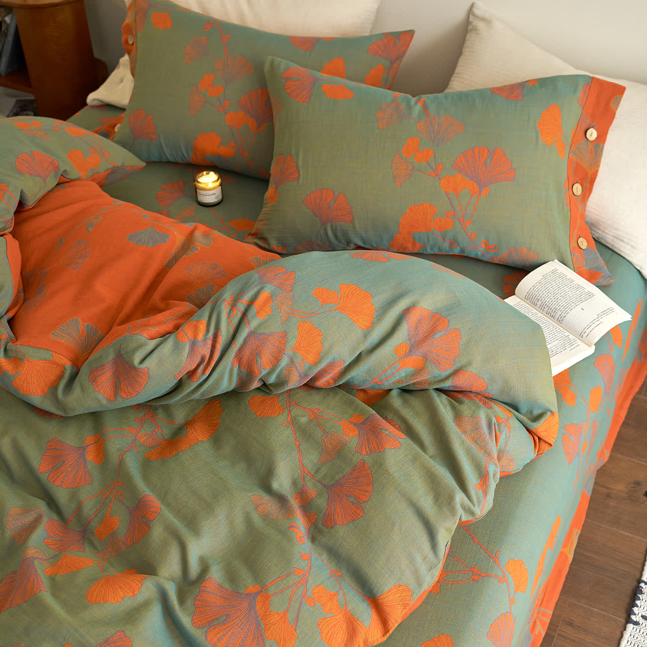 Button Ginkgo Leaf Cotton Gauze Bedding Set (4PCS) - image 13