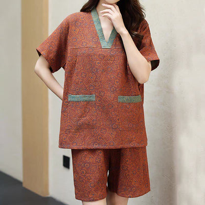 Plus Size Vintage Cotton Couple Pajama Set - Brick Red-Women - 6XL - image 3