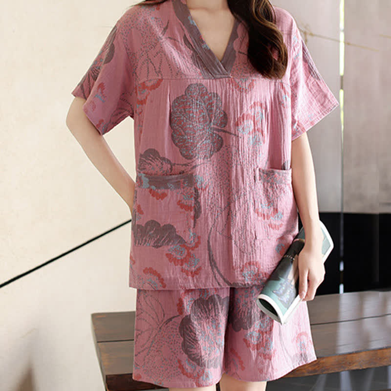 Plus Size Breathable Cotton Couple Pajama Set - Gray Pink-Women - 6XL - image 4