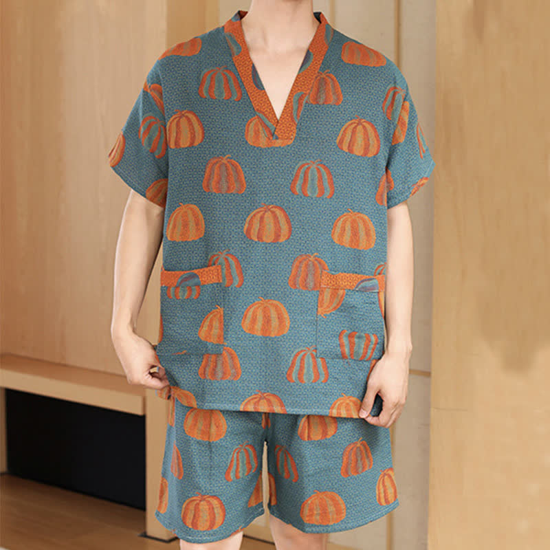 Plus Size Cotton Pumpkin Couple Pajama Set - Gray Blue-Men - 6XL - image 9
