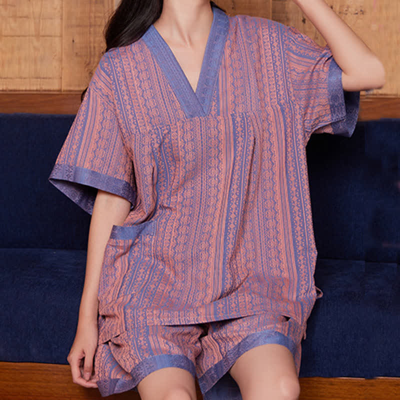 Plus Size Cotton Couple V-neck Nightwear Set - Coral Orange & Dark Blue-Women - 4XL - image 3