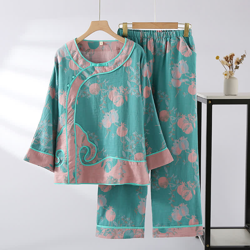 Jacquard Pomegranate Cotton Gauze Nightwear Set - Blue Green & Pink - XL - image 9