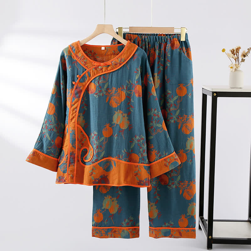Jacquard Pomegranate Cotton Gauze Nightwear Set - Dark Blue & Orange - XL - image 8