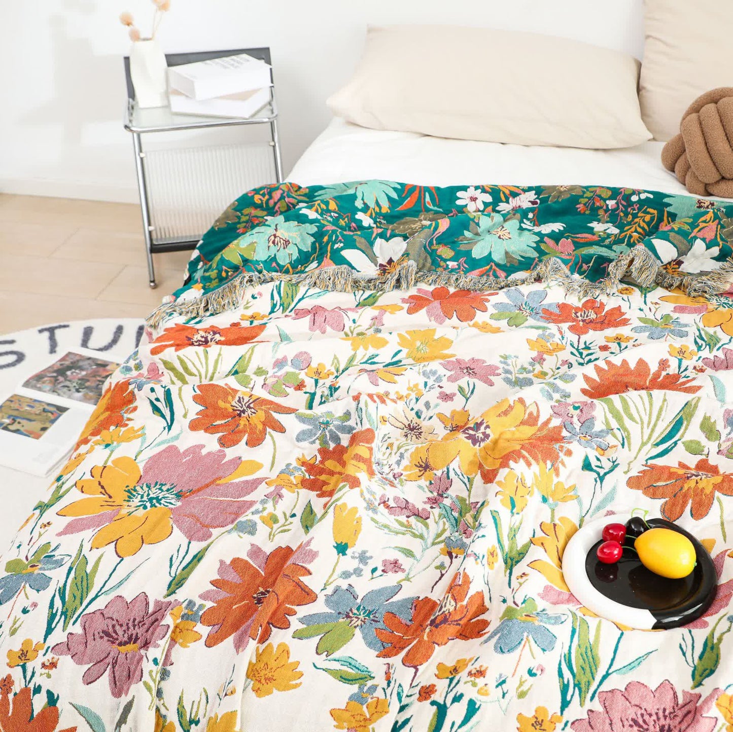 Bright Floral Reversible Tassel Cotton Gauze Blanket