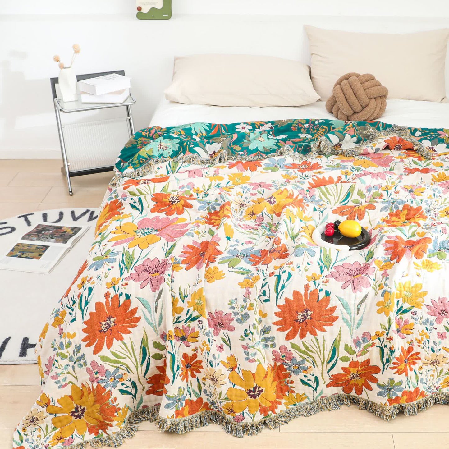 Bright Floral Reversible Tassel Cotton Gauze Blanket