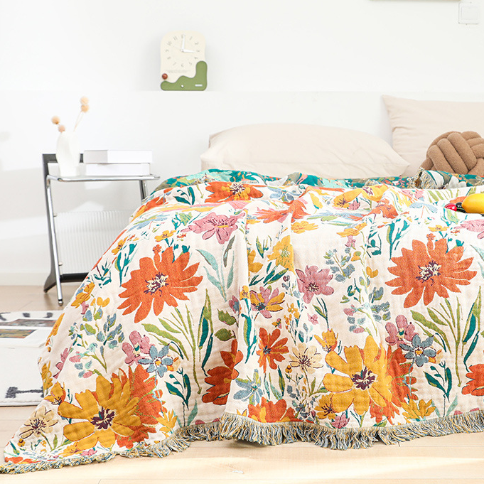 Bright Floral Reversible Tassel Cotton Gauze Blanket