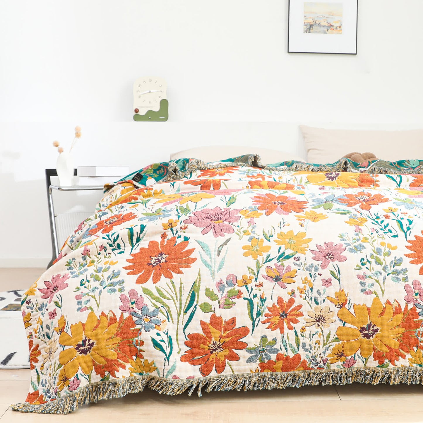 Bright Floral Reversible Tassel Cotton Gauze Blanket