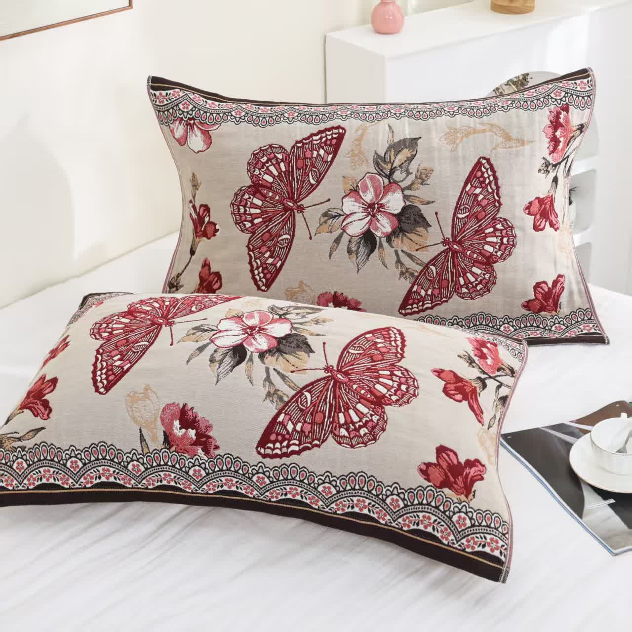 Butterfly Floral Cotton Gauze Reversible Quilt - 2pcs Pillow Towels - 20" x 30" - image 1
