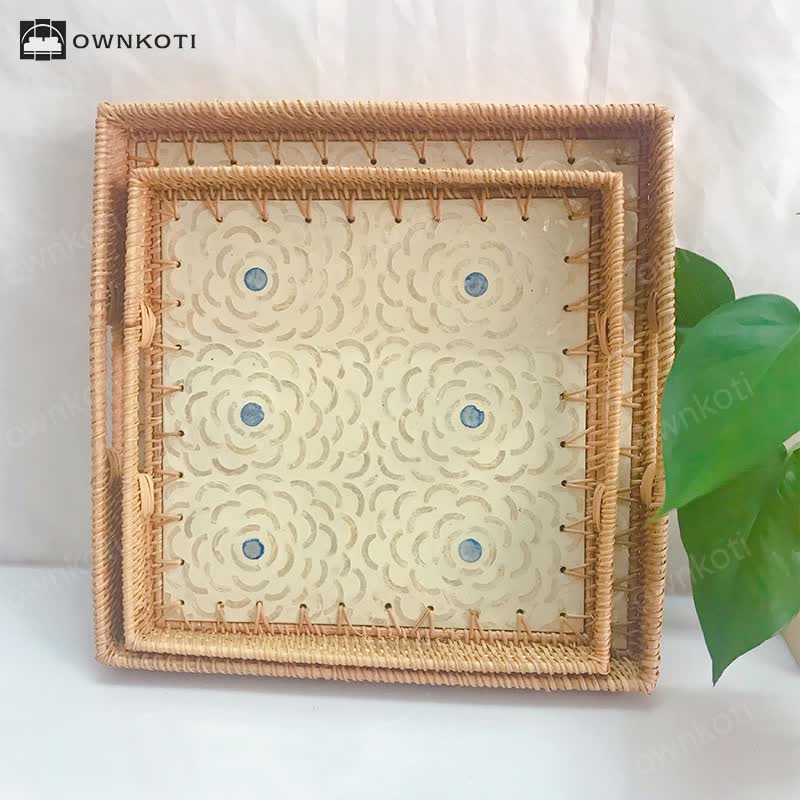 Square Rattan Shell Fruit Basket Dessert Tray