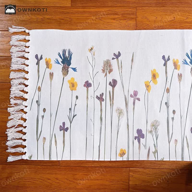 Plant Branch Pattern Tassel Cotton Linen Floor Mat