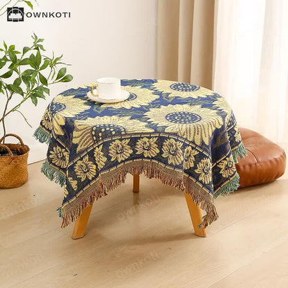 Vintage Jacquard Gerbera Blue Sunflower Tablecloth