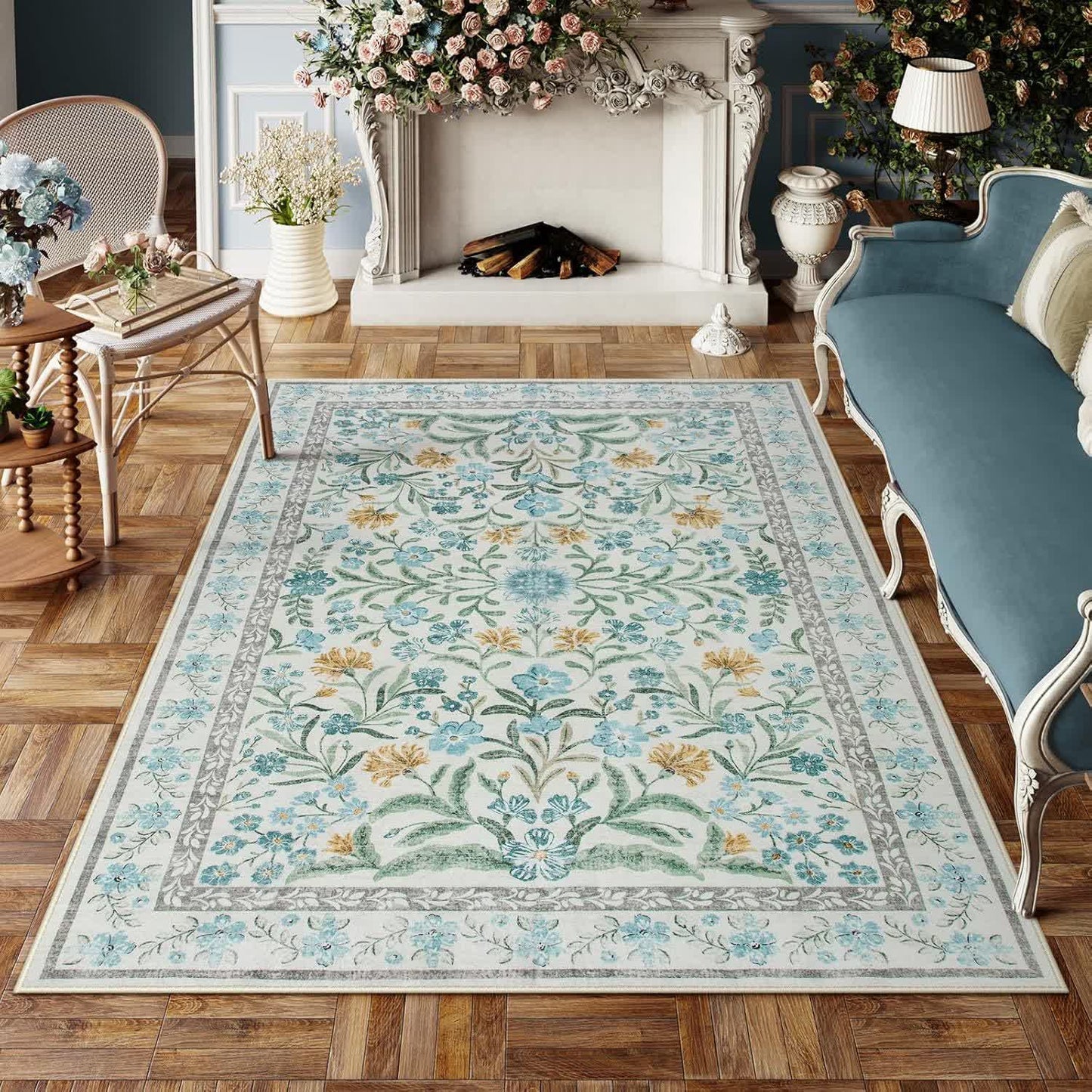 Elegant Pastoral Floral Crystal Velvet Rug