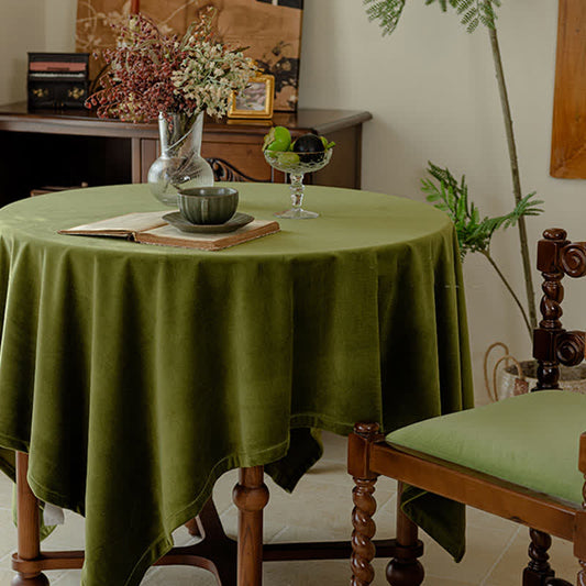 French Vintage Olive Green Velvet Tablecloth - Round - 71" - image 0