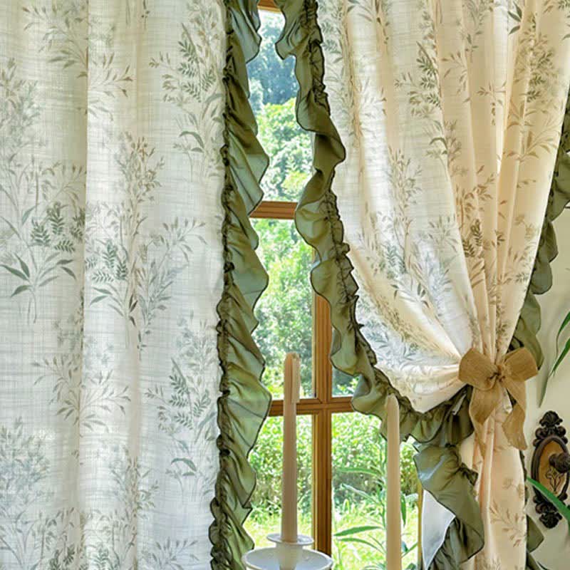 Rustic Style Semi-Blackout Bamboo Printed Ruffle Curtain